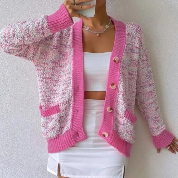 . Sweaters - Pink Pocketed Popcorn Knit  Oversized Cardigan